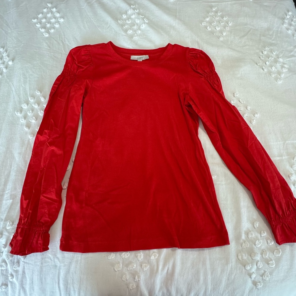 LOFT Vibrant Red Ribbed Crewneck Top